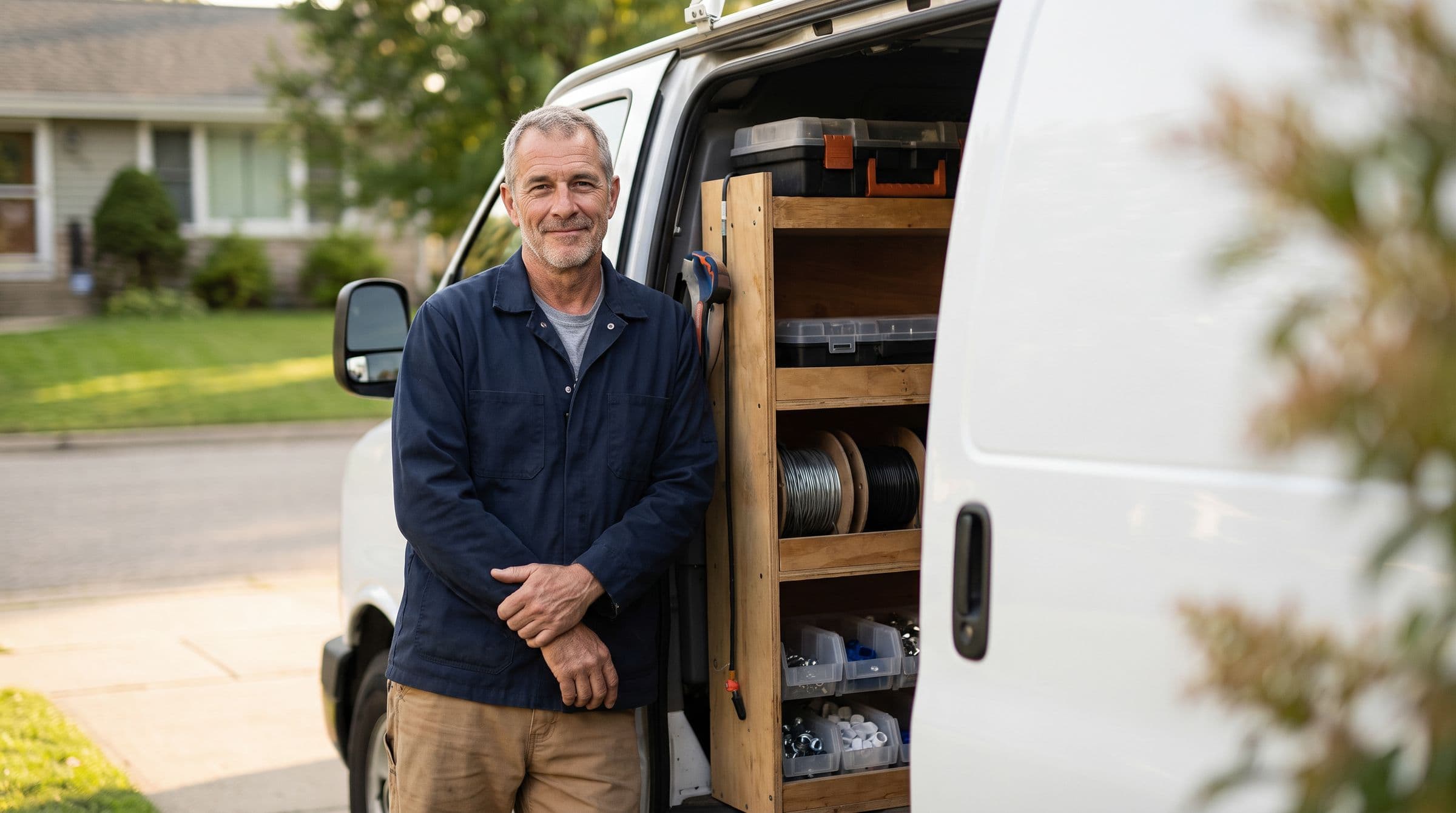 A home service business owner in his fifties leaning on his white work van, parked in a customer's driveway.